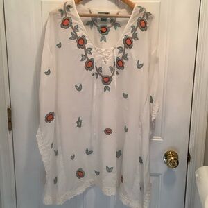 Letarte White Tunic Swimsuit Coverup with Colorful Embroidery size M